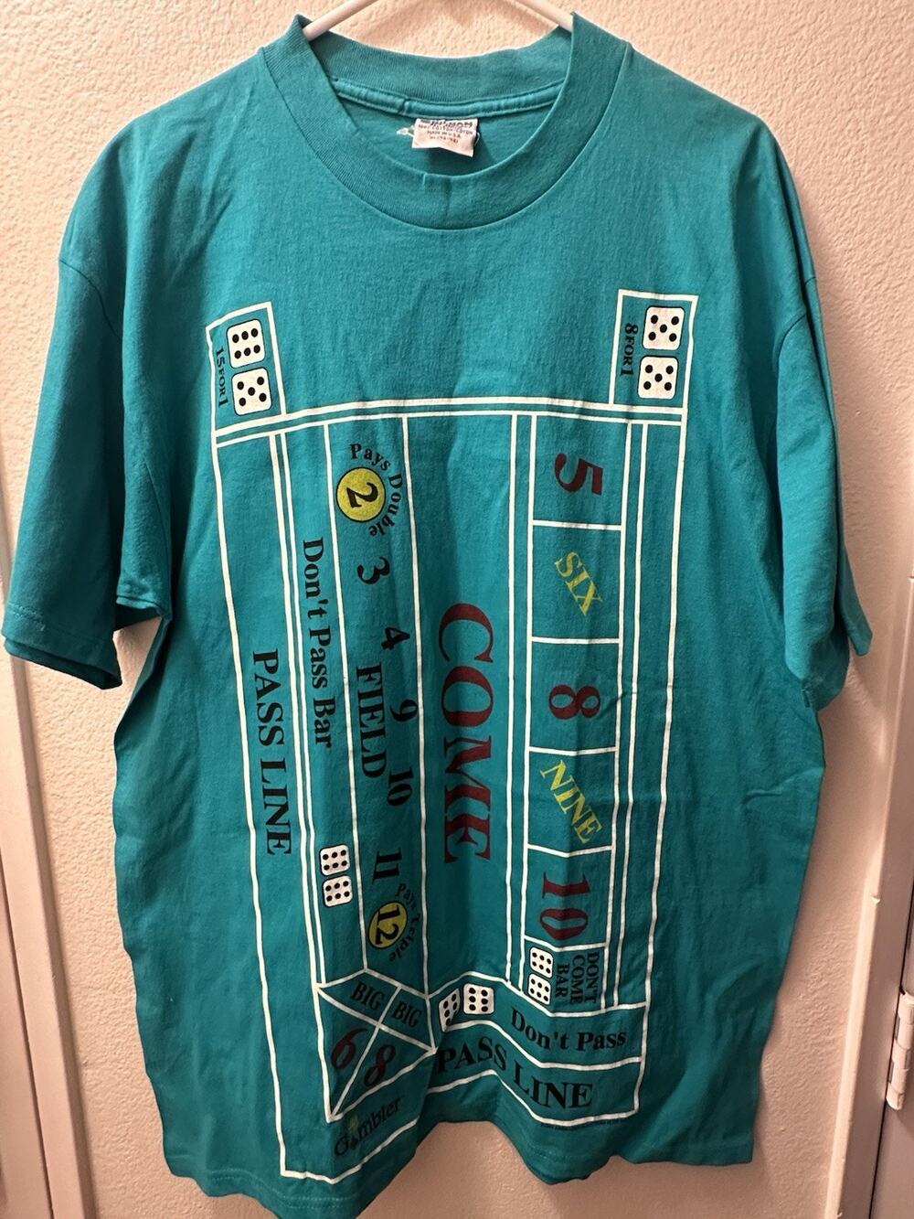 VTG 90’s Craps Table T Shirt XL Gambling Las Vegas Teal Gildan USA Made Pristine